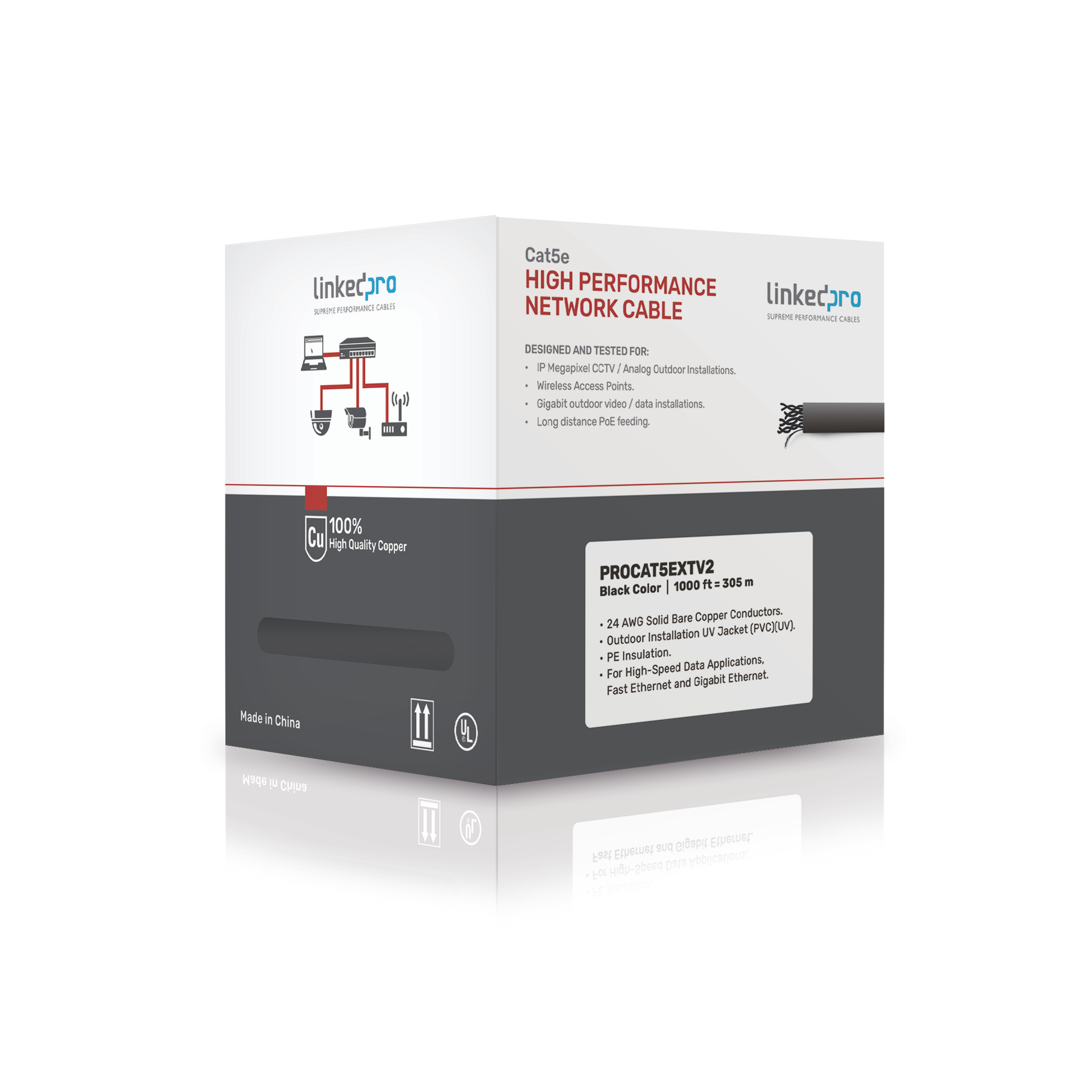 Bobina de cable de 305 m, Cat5e , FTP, blindado, para intemperie, color negro, UL, para aplicaciones en video vigilancia, redes de datos Bobina de cable de 305 m, Cat5e , FTP, blindado, para intemperie, color negro, UL, para aplicaciones en video vigilancia, redes de datos